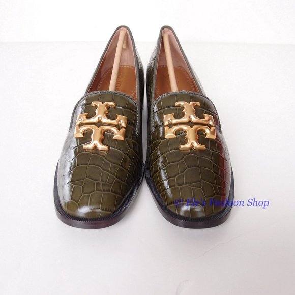 NIB Tory Burch Eleanor Heeled Loafer Croc Embossed Leather Leccio Green US7.5 - Picture 6 of 13